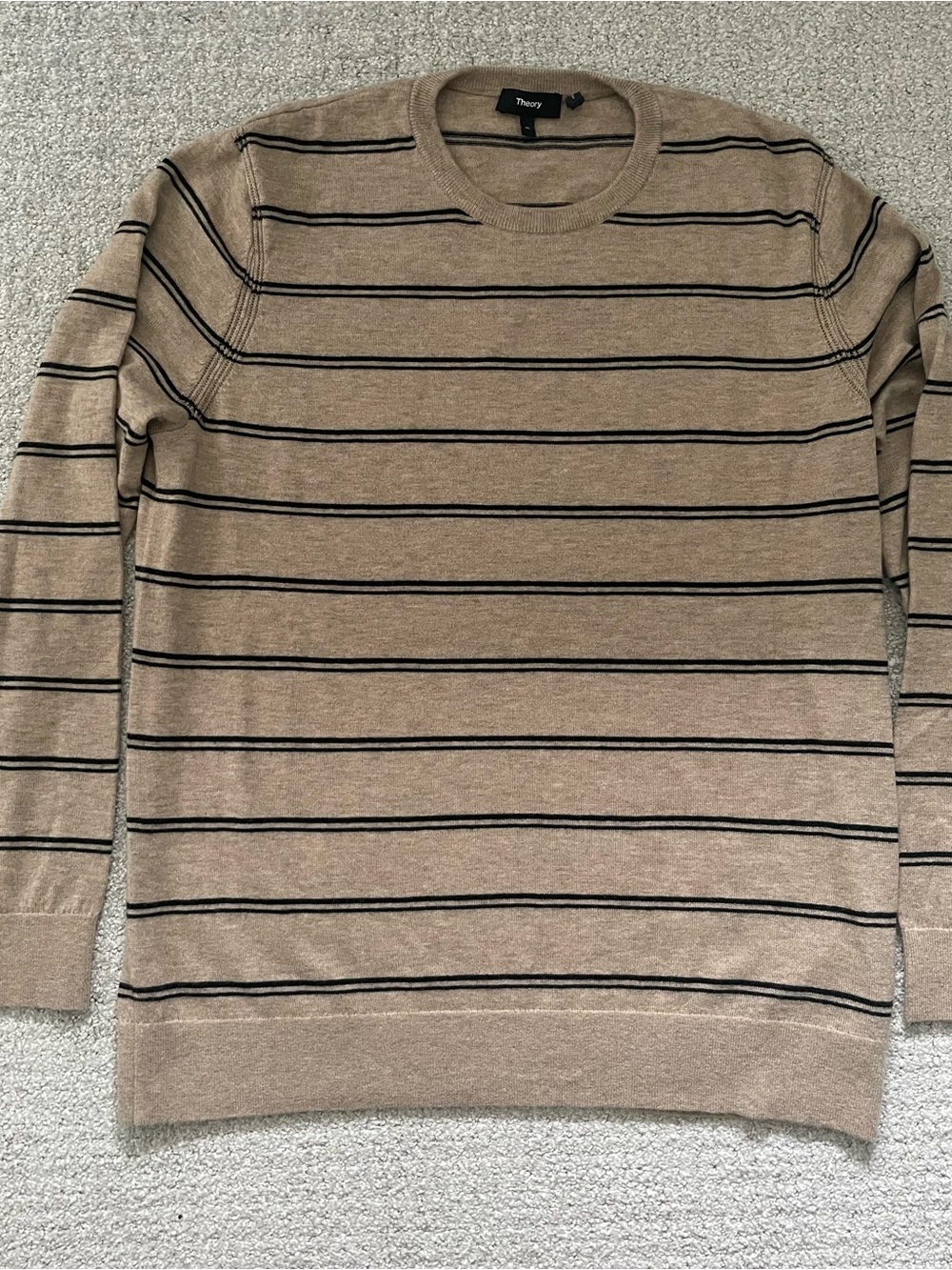 Theory Men’s Tan Crewneck Sweater with Black Stripes